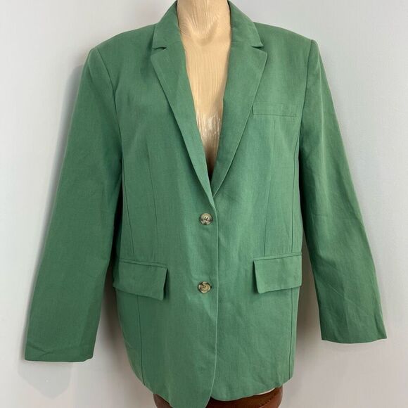 ZARA WOMEN NEW LINEN BLEND MENSWEAR STYLE BLAZER JACKET MID-GREEN 5427/754 L - Picture 11 of 15